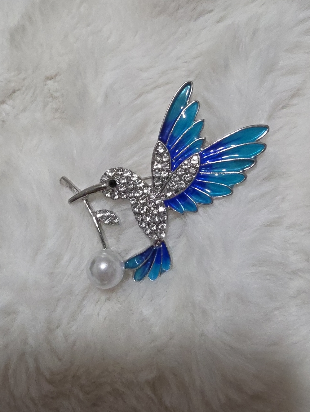 Blue Enamel Hummingbird Brooch with Pearl Accent